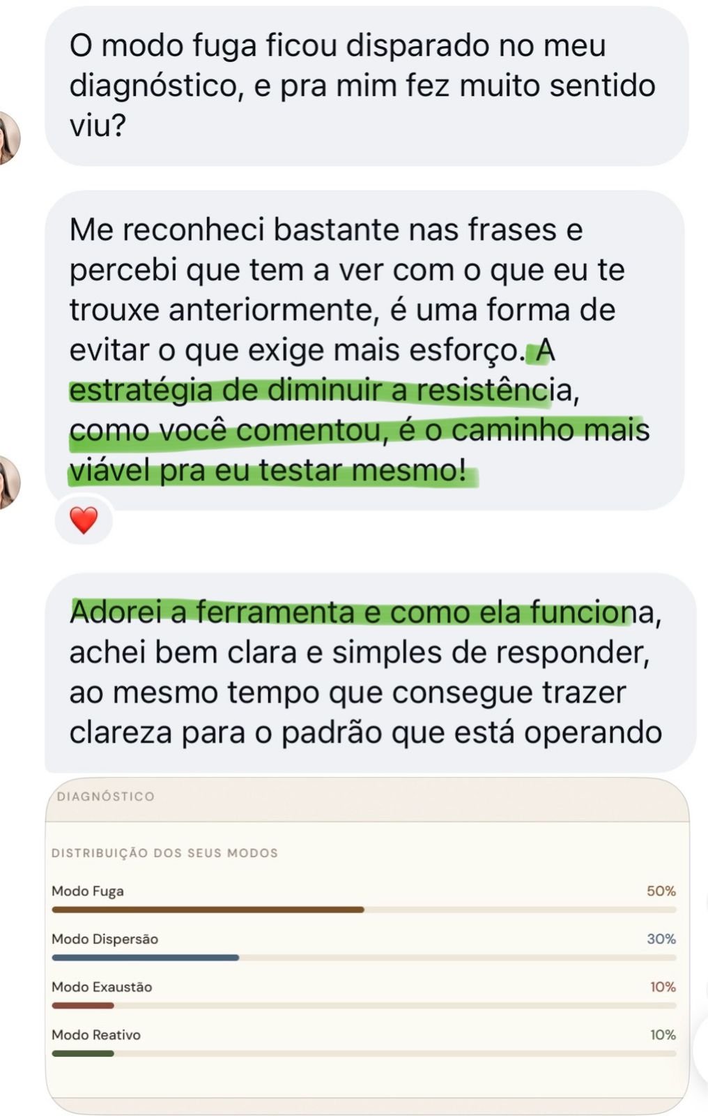 Print de WhatsApp: aluna relatando que o modo fuga ficou disparado no diagnóstico e se reconheceu nas frases