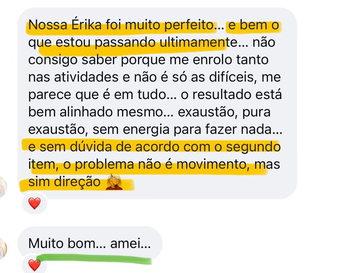 Print de WhatsApp: aluna relatando resultado de exaustão no diagnóstico e reconhecendo que o problema não é movimento, mas direção