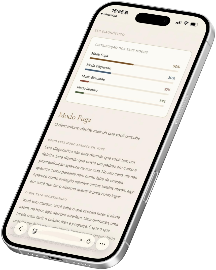 Mockup de celular mostrando a tela de resultado do diagnóstico com a distribuição percentual dos 4 modos
