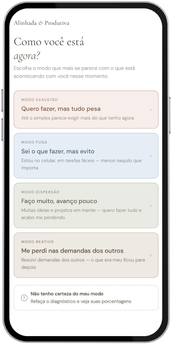 Mockup de celular mostrando a tela do app com os 4 modos de desalinhamento para seleção